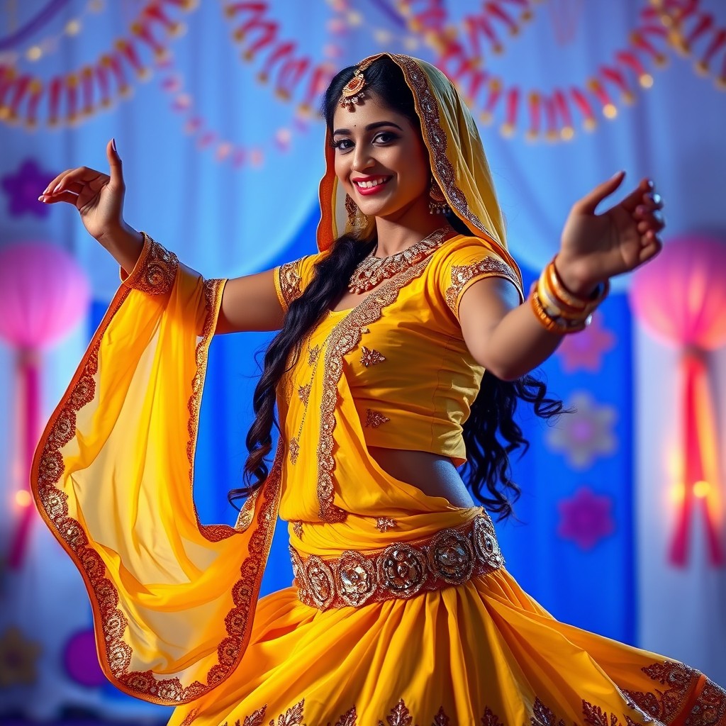An Arab woman dressed in a vibrant yellow outfit, gracefully dancing in a Bollywood style under soft blue ambient lighting