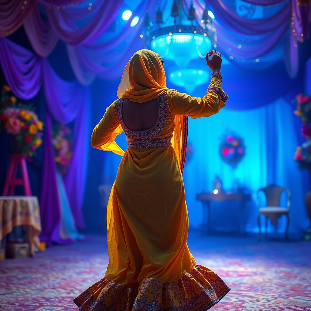 A distant view of an Arabic woman dressed in a vibrant yellow outfit, dancing gracefully under soft blue lighting, reminiscent of a Bollywood-style dance scene