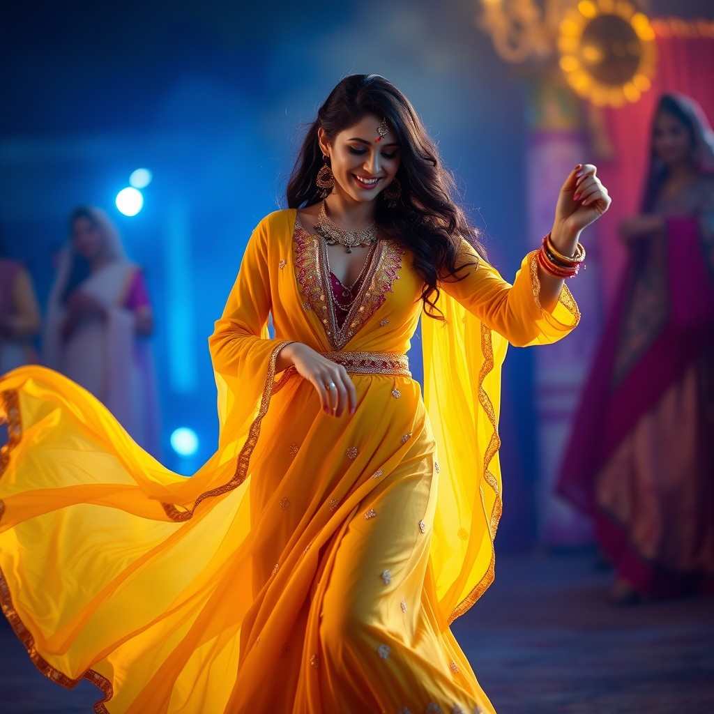 A beautiful Arab woman dressed in a flowing yellow gown, dancing gracefully in the evening light, reminiscent of Bollywood style