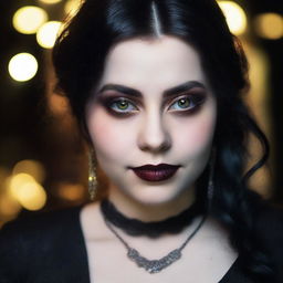 A gothic girl with clear brown eyes and slightly overweight, on a date. She exudes confidence and individuality, pictured in a romantic, low-light setting.