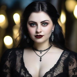 A gothic girl with clear brown eyes and slightly overweight, on a date. She exudes confidence and individuality, pictured in a romantic, low-light setting.