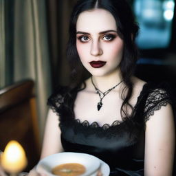 A gothic girl with clear brown eyes and slightly overweight, on a date. She exudes confidence and individuality, pictured in a romantic, low-light setting.