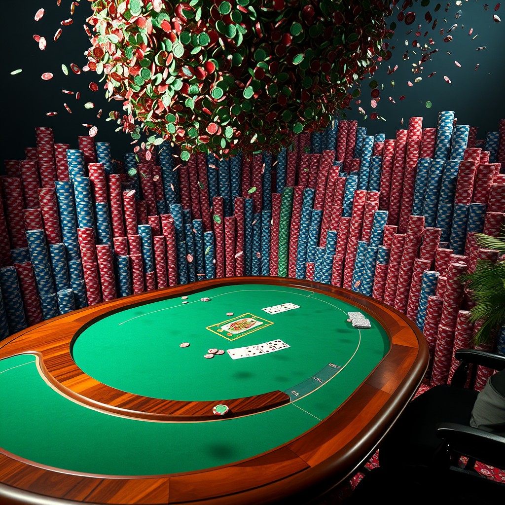 A dramatic scene featuring 44 million poker chips stacked in high, intricate pyramids with a variety of colors including red, blue, and green