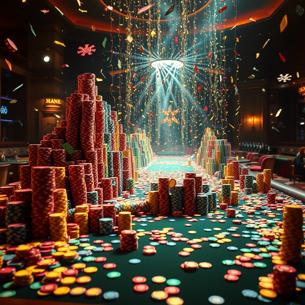 A vast scene featuring 44 million poker chips meticulously stacked in high pyramids on an enormous, long poker table