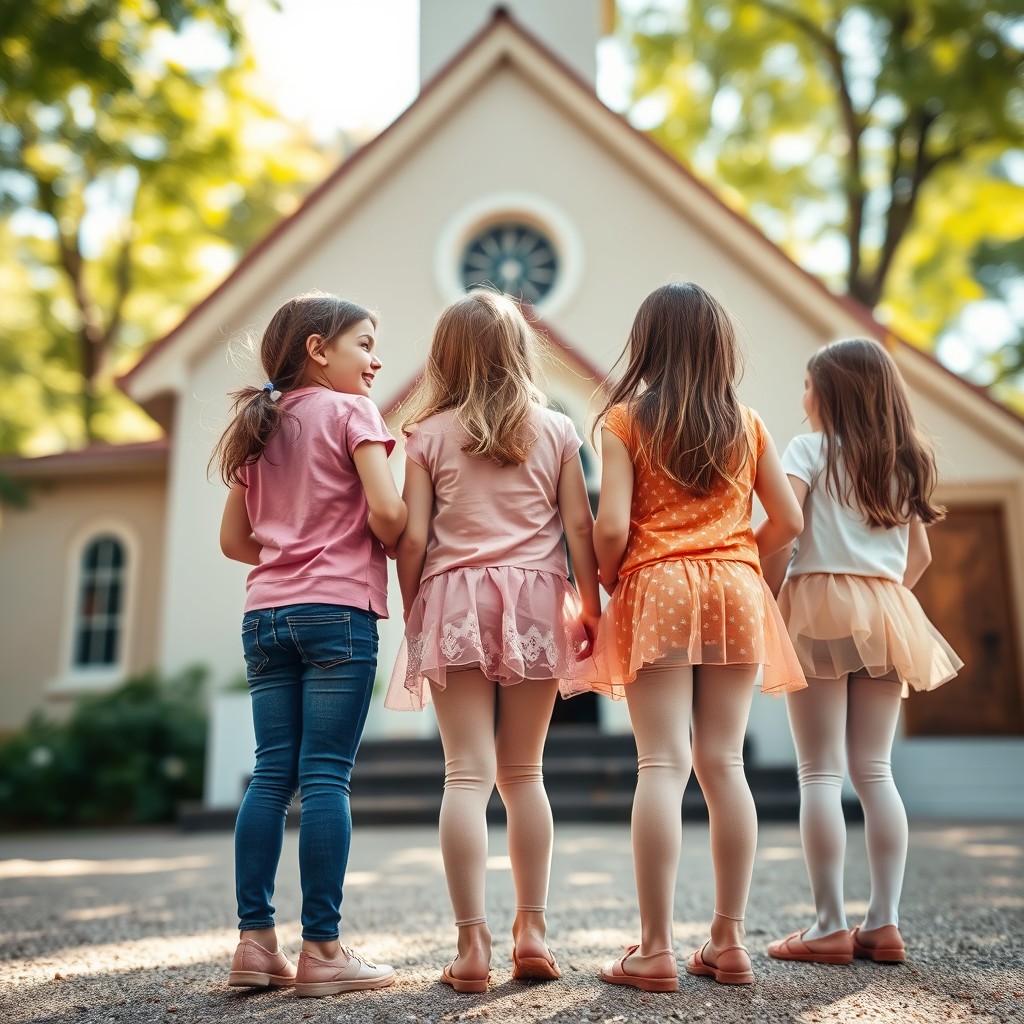 A whimsical scene featuring a group of 7-year-old girls joyfully wearing delicate and totally translucent leggings