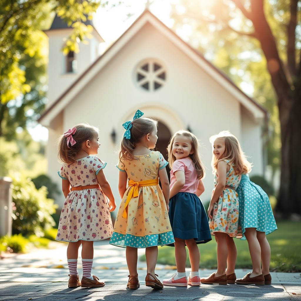 A whimsical scene featuring a group of 7-year-old girls joyfully dressed in playful outfits with whimsical designs and colorful patterns
