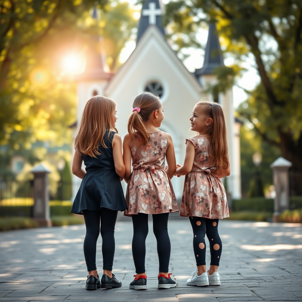 A charming scene featuring a group of 7-year-old girls wearing playful outfits including stylish black leggings in a uniquely artistic design