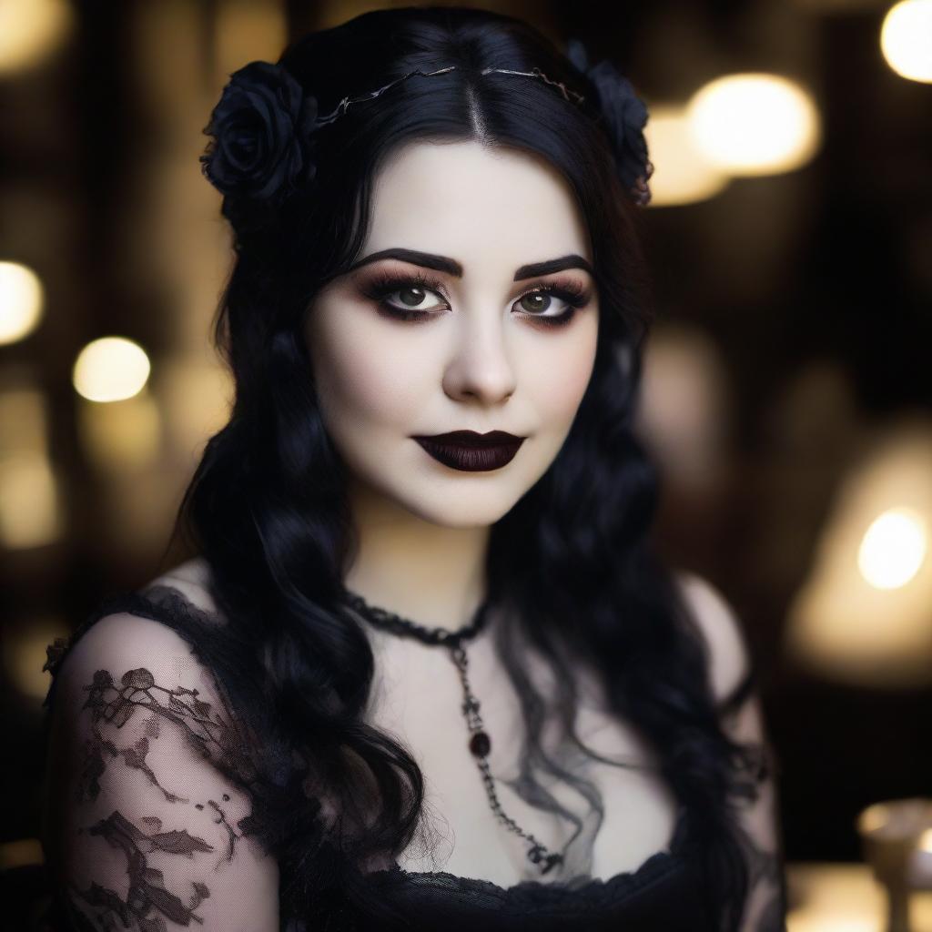 A gothic girl with clear brown eyes and slightly overweight, on a date. She exudes confidence and individuality, pictured in a romantic, low-light setting.