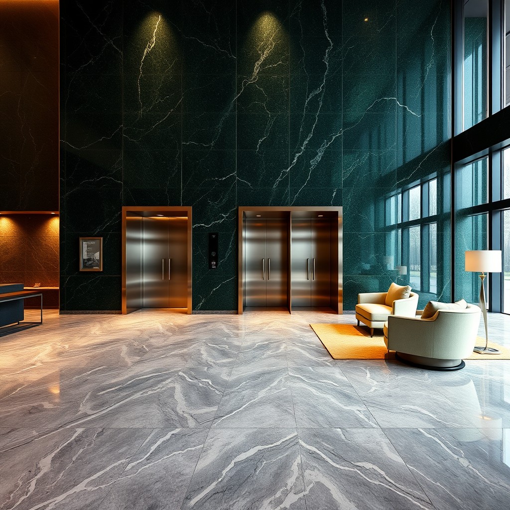 A luxurious lobby showcasing dark green granite walls, exuding sophistication and elegance