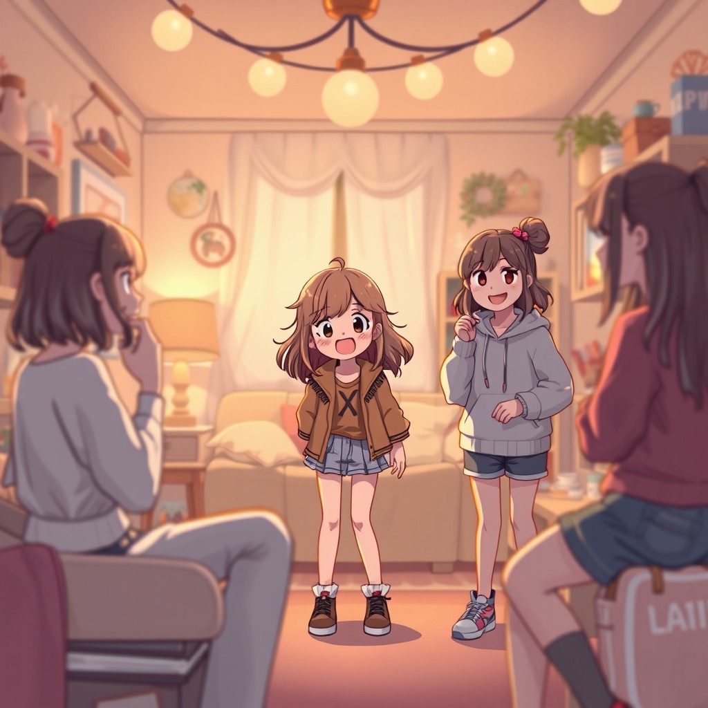 A charming and artistic scene featuring a girl in a playful setting, playfully interacting with friends