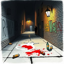 A detailed crime scene sketch, showcasing a dimly lit alley with a glowing streetlight