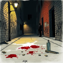 A detailed crime scene sketch, showcasing a dimly lit alley with a glowing streetlight