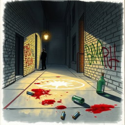 A detailed crime scene sketch, showcasing a dimly lit alley with a glowing streetlight