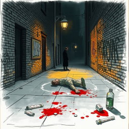 A detailed crime scene sketch, showcasing a dimly lit alley with a glowing streetlight