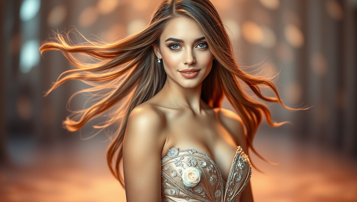 A stunningly beautiful woman with long flowing hair, radiant skin, and captivating eyes