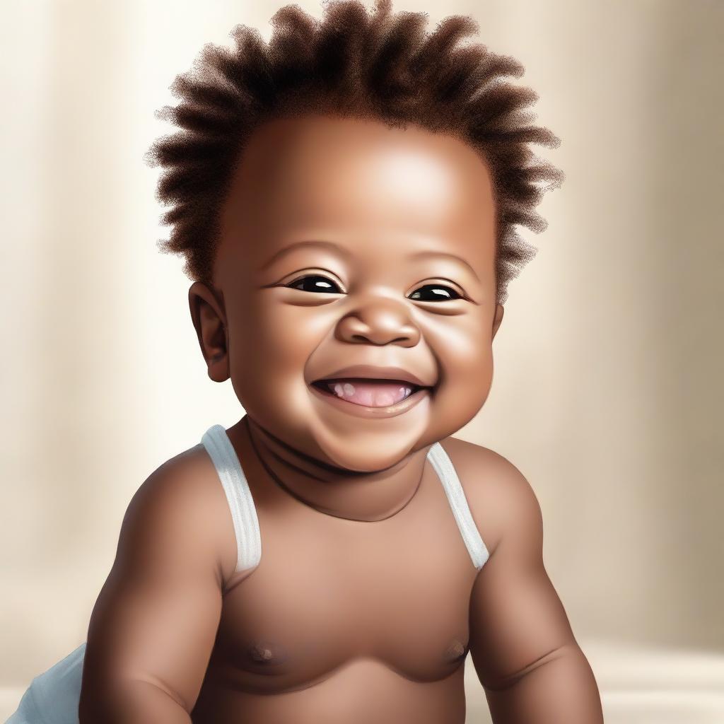 Realistic portrait of a joyous black baby boy with a radiant smile