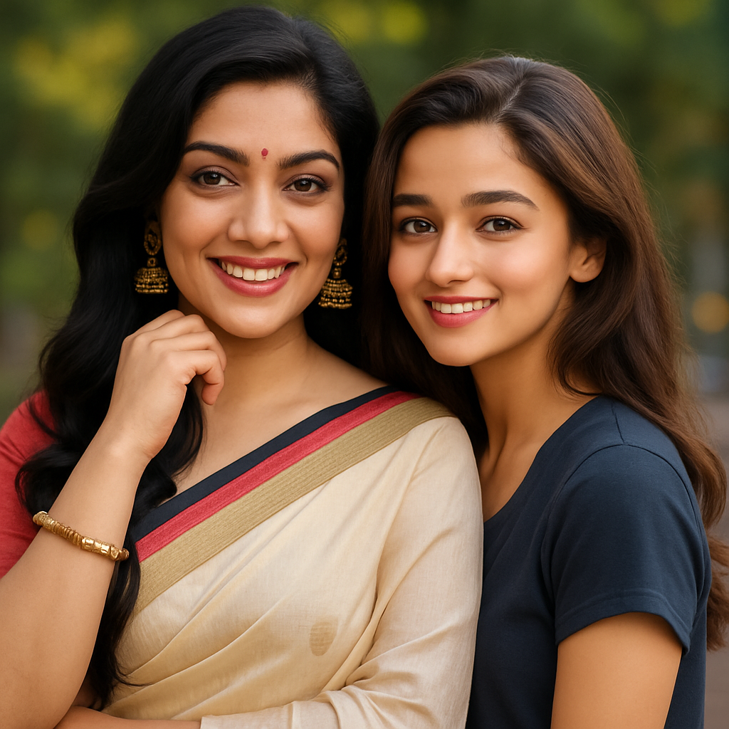 Can you use the following two images and create an image of them that we can use for further images. The girl with the saree name is Anita and the younger girl in blue t-shirt is Isha.