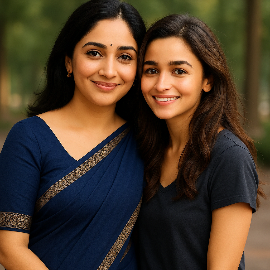 Can you use the following two images and create an image of them that we can use for further images. The girl with the saree name is Anita and the younger girl in blue t-shirt is Isha.