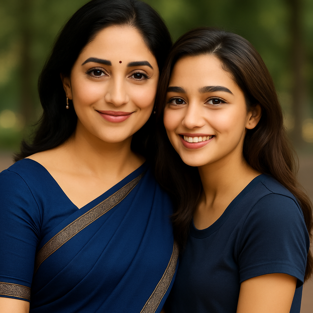 Can you use the following two images and create an image of them that we can use for further images. The girl with the saree name is Anita and the younger girl in blue t-shirt is Isha.