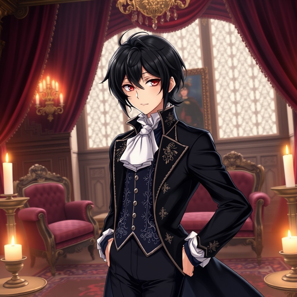 An alluring anime character with smooth, raven-black hair styled in a sophisticated manner, embodying the essence of an 18th-century aristocrat