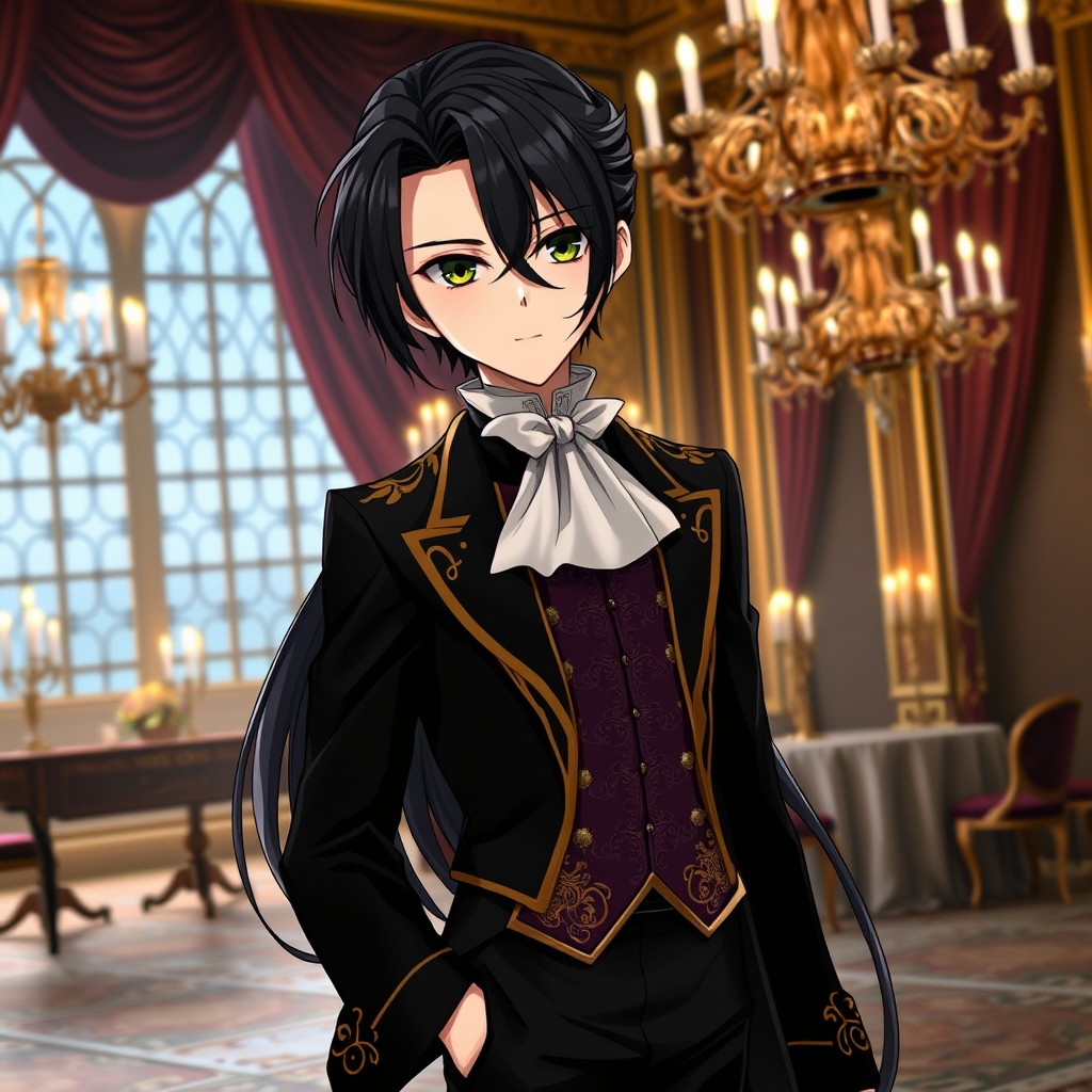 A captivating anime character with long, silky black hair styled elegantly, representing the refined aesthetic of an 18th-century aristocrat
