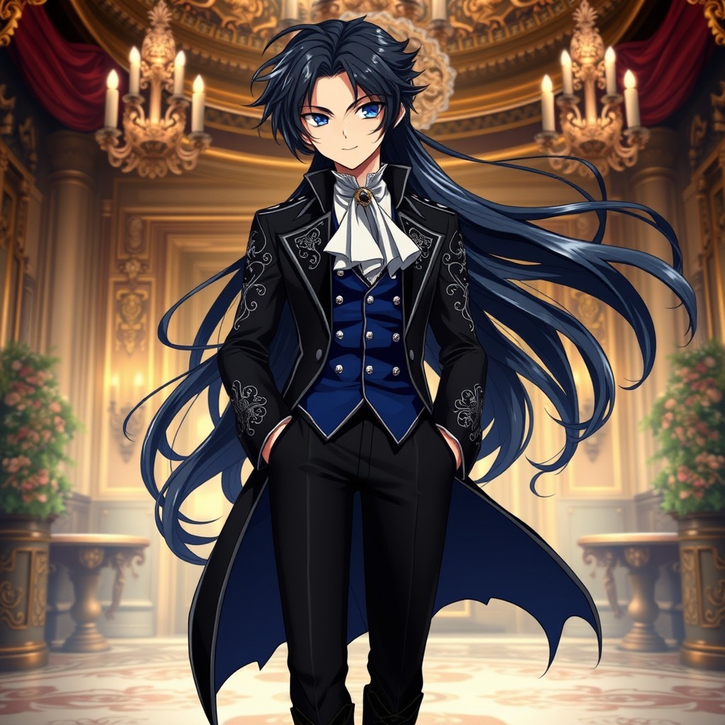 A striking anime character with glossy black hair flowing elegantly, embodying the essence of an 18th-century aristocrat