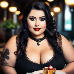 A confident pudgy gothic girl with clear brown eyes and tan skin, enjoying a date. Imbibe her unique style and charisma in a dimly lit, romantic ambiance.