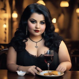 A confident pudgy gothic girl with clear brown eyes and tan skin, enjoying a date. Imbibe her unique style and charisma in a dimly lit, romantic ambiance.