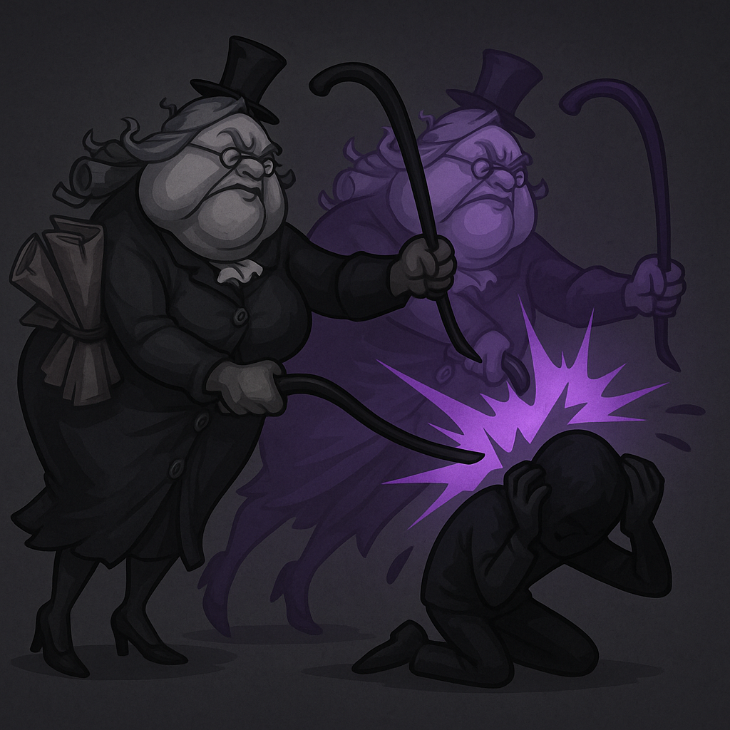 Keigan is smacking someone over the head with her cane. A purple copy of her is also hitting them over the head.