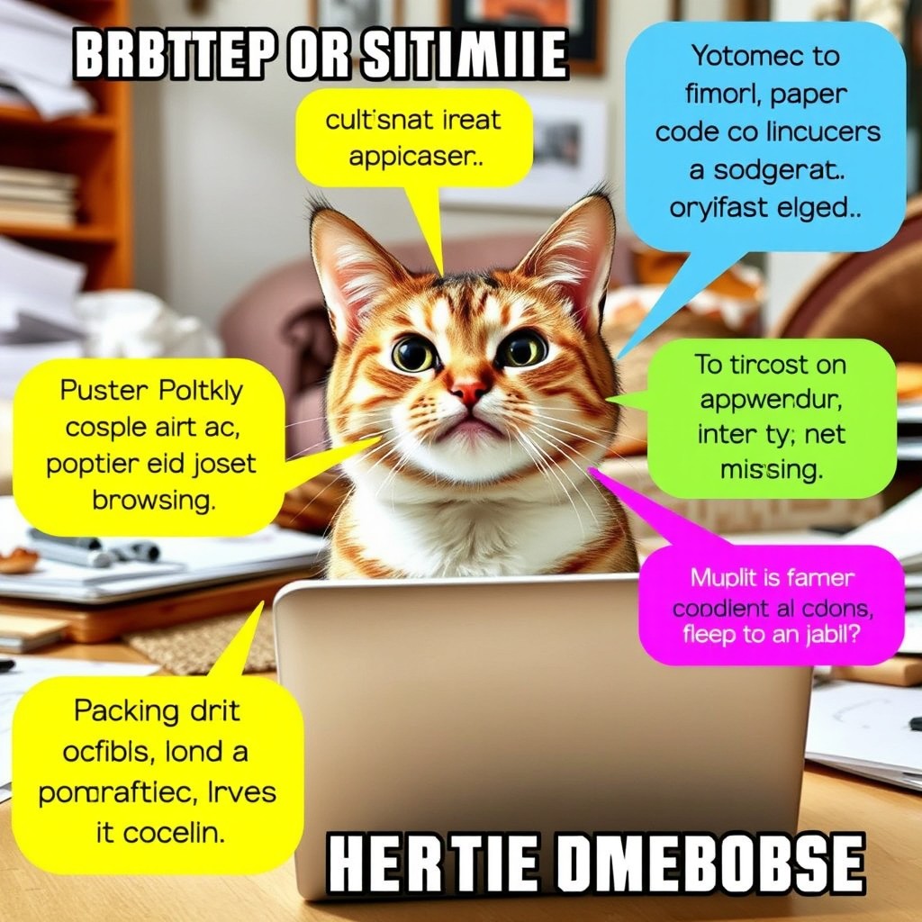A funny and relatable meme featuring a cat making a silly face while sitting in front of a laptop, surrounded by colorful text bubbles with humorous captions about procrastination and internet browsing