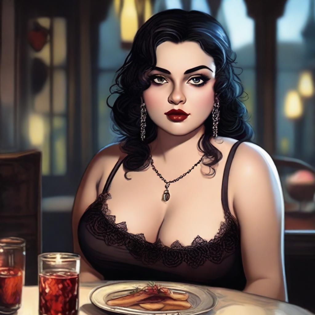 A confident pudgy gothic girl with clear brown eyes and tan skin, enjoying a date. Imbibe her unique style and charisma in a dimly lit, romantic ambiance.