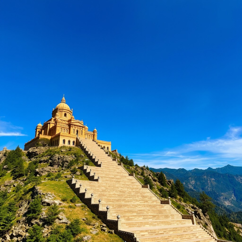 A large fortress made of golden stone, situated on the summit of a majestic mountain