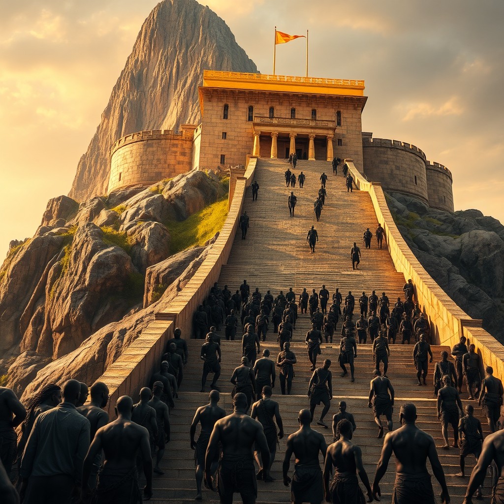 A magnificent fortress with a flat roof made of golden stone, positioned at the peak of a towering mountain