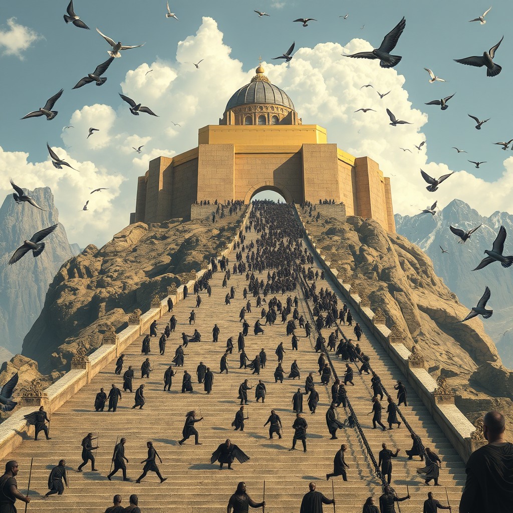A grand fortress with a flat golden stone roof, located at the summit of a majestic mountain