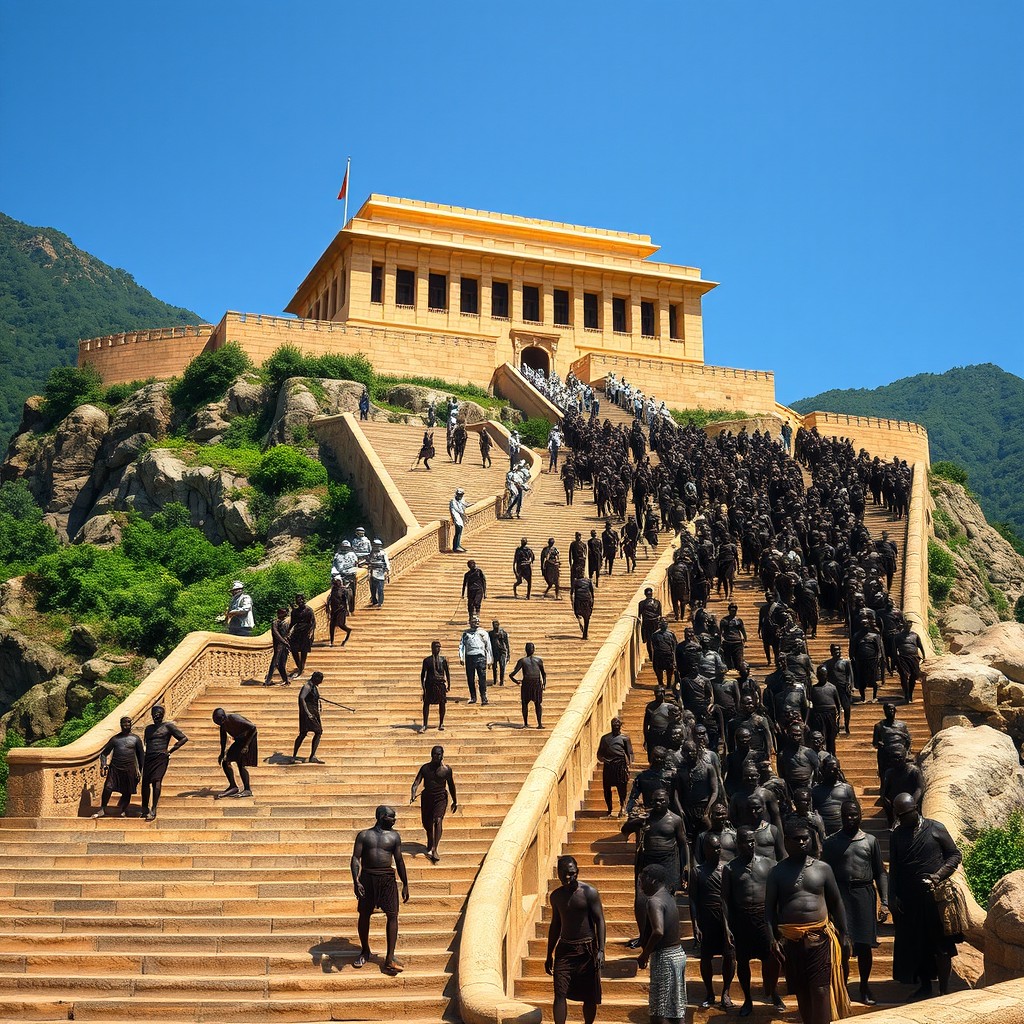 A grand fortress with a flat golden stone roof situated at the top of a mountain