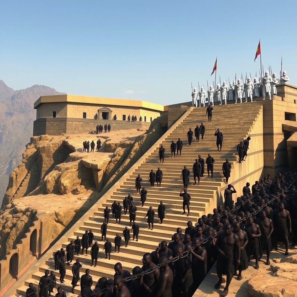 A majestic fortress with a flat golden-stone roof located at the summit of a mountain, featuring an enormous zigzag stone staircase leading down from the building