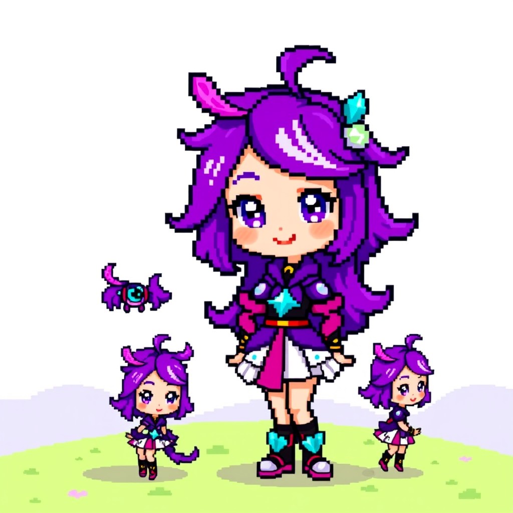 A pixel art character of a young girl with vibrant purple hair styled in a playful way, adorned with crystal-themed accessories on her clothing
