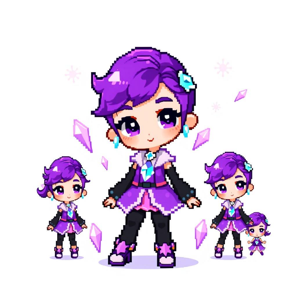 A pixel art character of a young girl with bright purple hair styled in an adorable manner, featuring crystal-themed accessories integrated into her clothing design