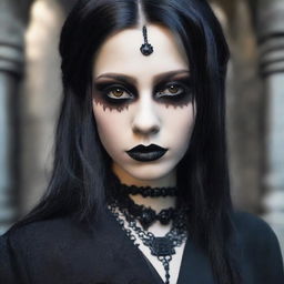 Produce an image of a gothic girl with indigenous features, tan skin, clear brown eyes, and slightly overweight, on a date, reflecting a fusion of modern goth and traditional styles.