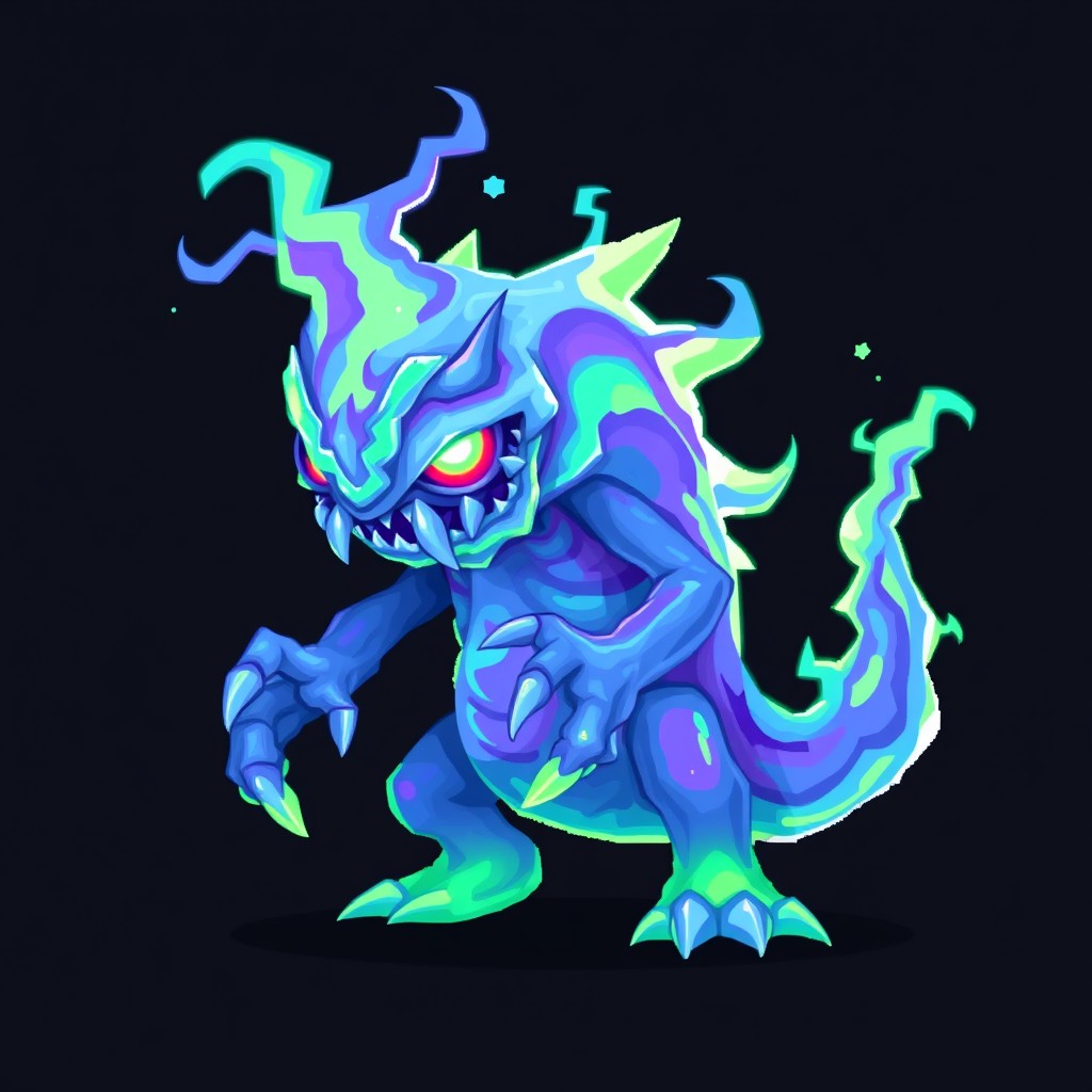 A pixel art style 2D game monster, designed with a vibrant plasma theme