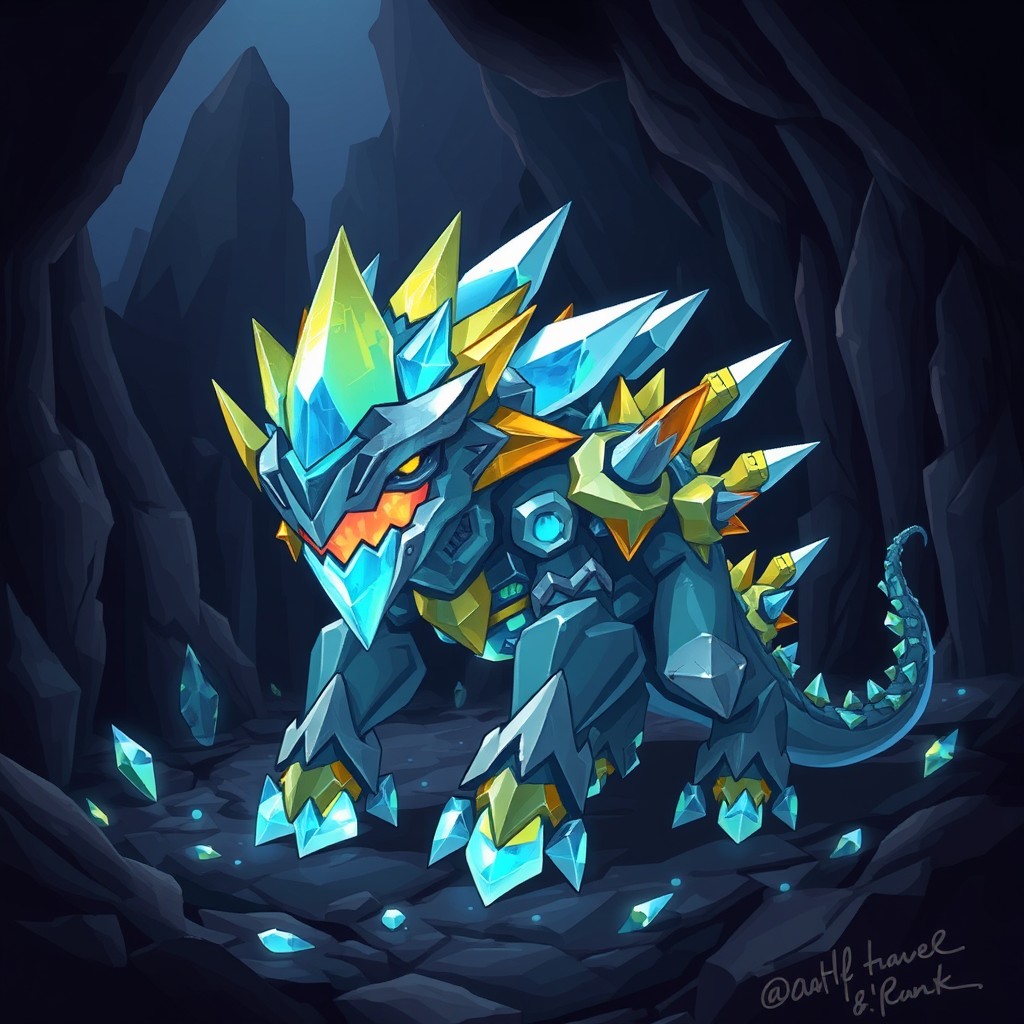 A 2D game monster made of crystal and metal, living in a dark, mysterious cave