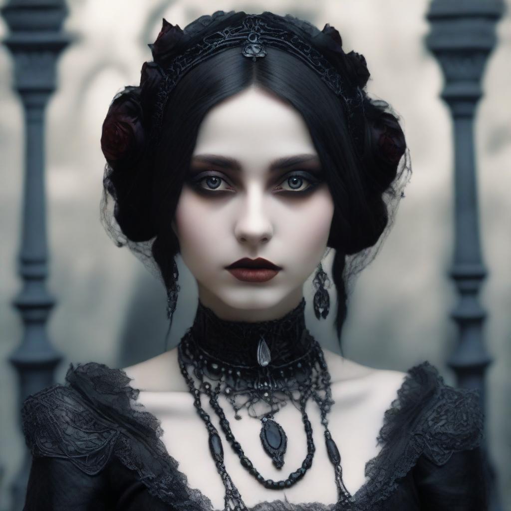 Produce an image of a gothic girl with indigenous features, tan skin, clear brown eyes, and slightly overweight, on a date, reflecting a fusion of modern goth and traditional styles.