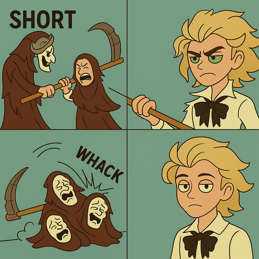 Marcus, the guy with the pool cue, is called short by the will brothers (the three headed guy) and then he hits them with his pool cue and they topple over. Afterwards, he looks into the camera like jim from the office. The image is colored like the latter ones. It is a 4 panel comic