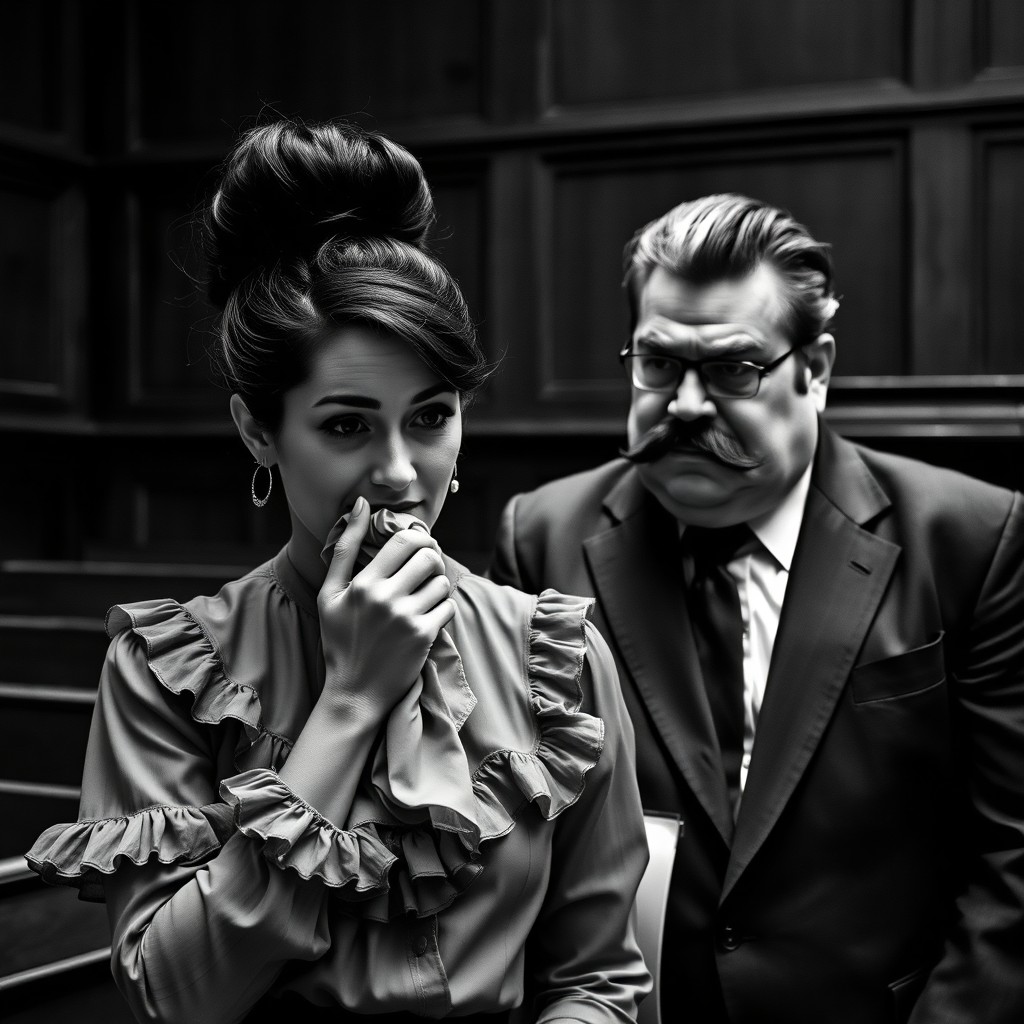 A dramatic black and white scene set in a courtroom, featuring a 30-year-old woman with a stylish bouffant hairstyle, visibly crying and delicately blotting her mouth with a handkerchief