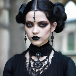 Produce an image of a gothic girl with indigenous features, tan skin, clear brown eyes, and slightly overweight, on a date, reflecting a fusion of modern goth and traditional styles.