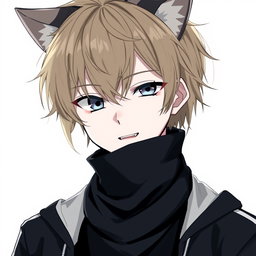 An anime boy with dark blonde messy hair styled to the right side, featuring bangs that elegantly cover his forehead and extend long enough to partially obscure his right eye