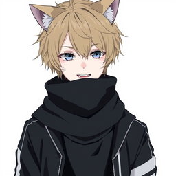 An anime boy with dark blonde messy hair styled to the right side, featuring bangs that elegantly cover his forehead and extend long enough to partially obscure his right eye