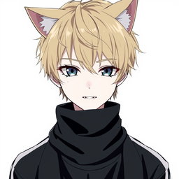 An anime boy with dark blonde messy hair styled to the right side, featuring bangs that elegantly cover his forehead and extend long enough to partially obscure his right eye