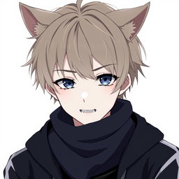 An anime boy with dark blonde messy hair styled to the right side, featuring bangs that elegantly cover his forehead and extend long enough to partially obscure his right eye