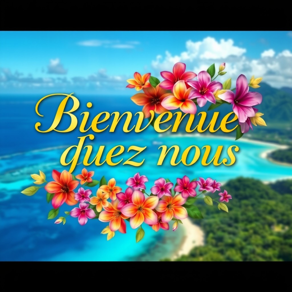 A luxurious logo design that says 'Bienvenue chez nous' in elegant gold lettering, surrounded by vibrant multi-colored flowers that seem to climb around the text